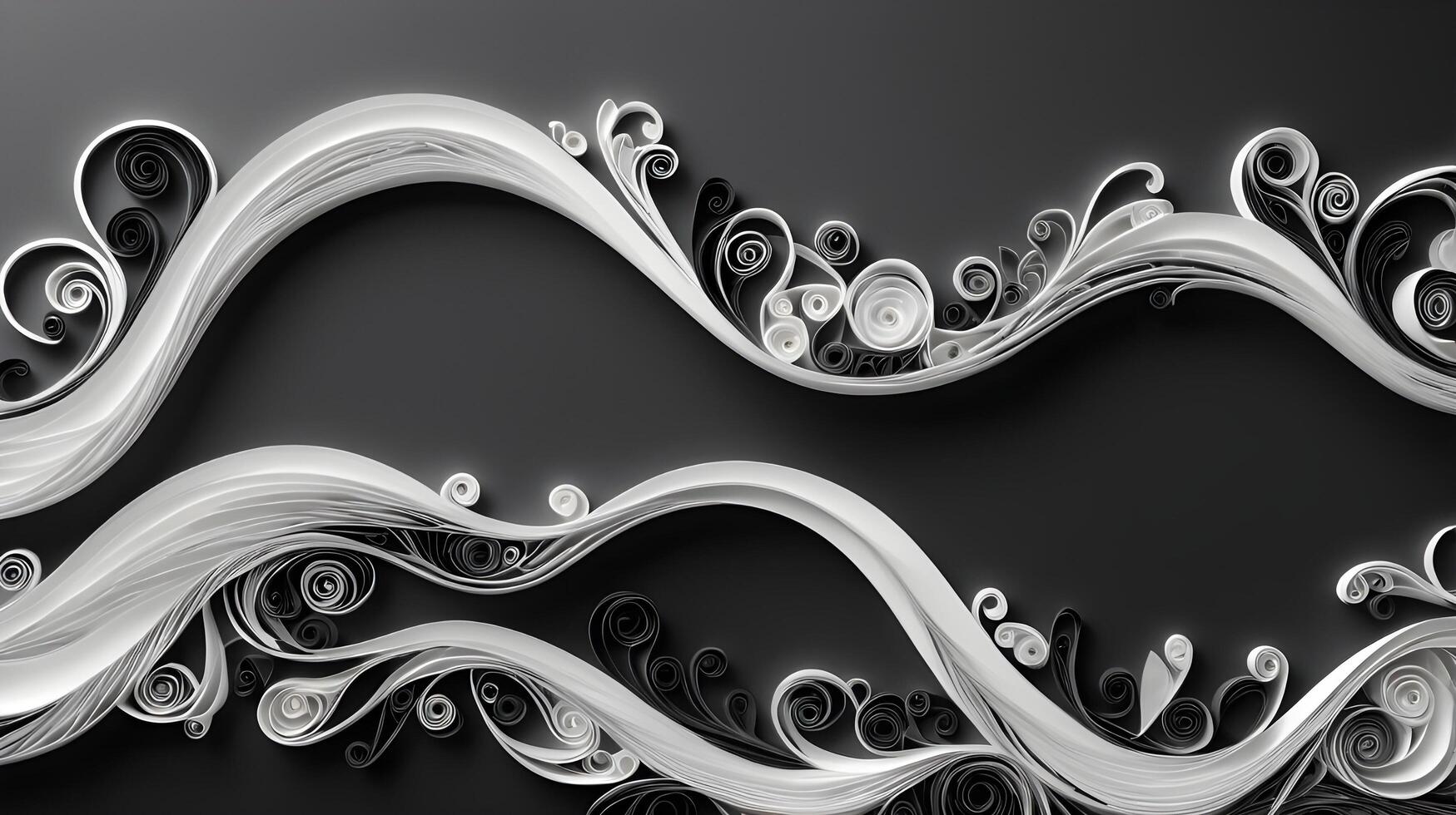 Paper quilling strips in black and white weave together in wave-like patterns, with an empty space for text. photo