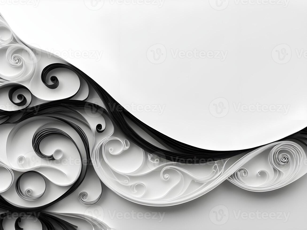 Intricate black and white paper quilling strips create wave-like curves, leaving space for text placement. photo
