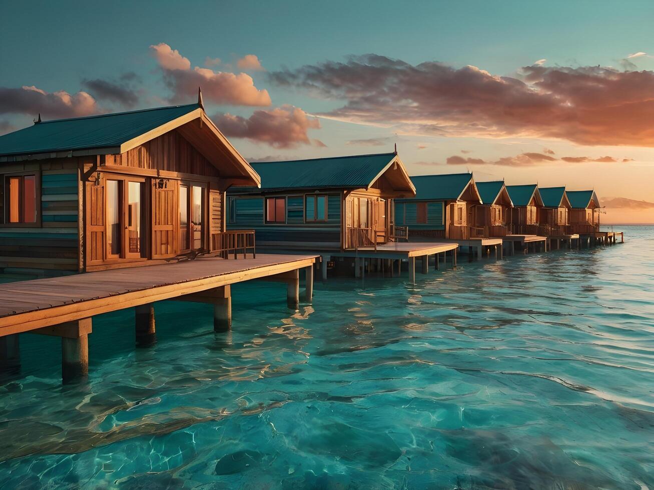 Turquoise waters wrap around wooden bungalows as the sun sets in a spectacular gradient of fiery hues. photo