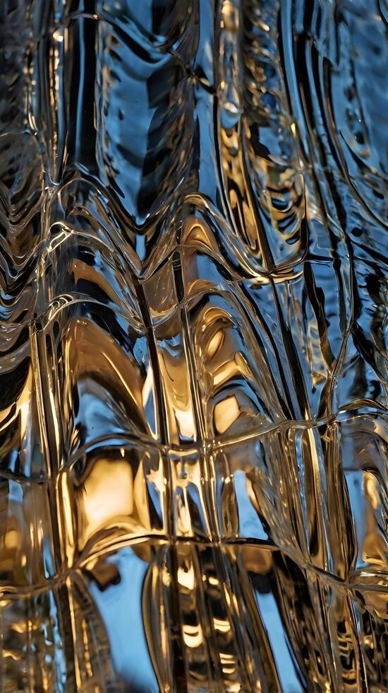 A detailed close-up of light reflections warped by rippled glass. photo