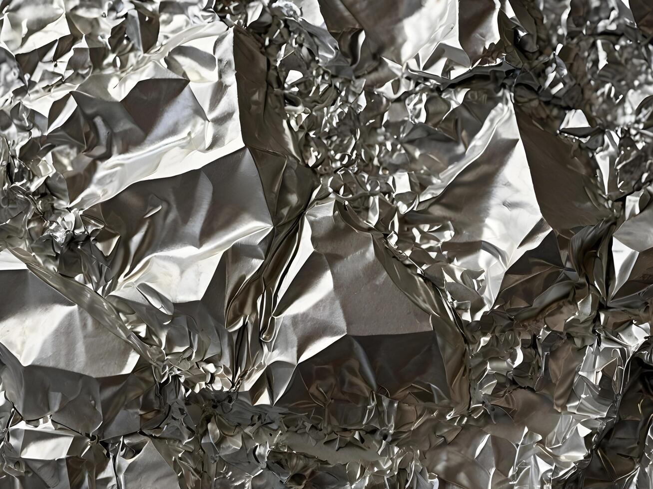 A macro photograph showcasing the folds of crumpled aluminum foil. photo