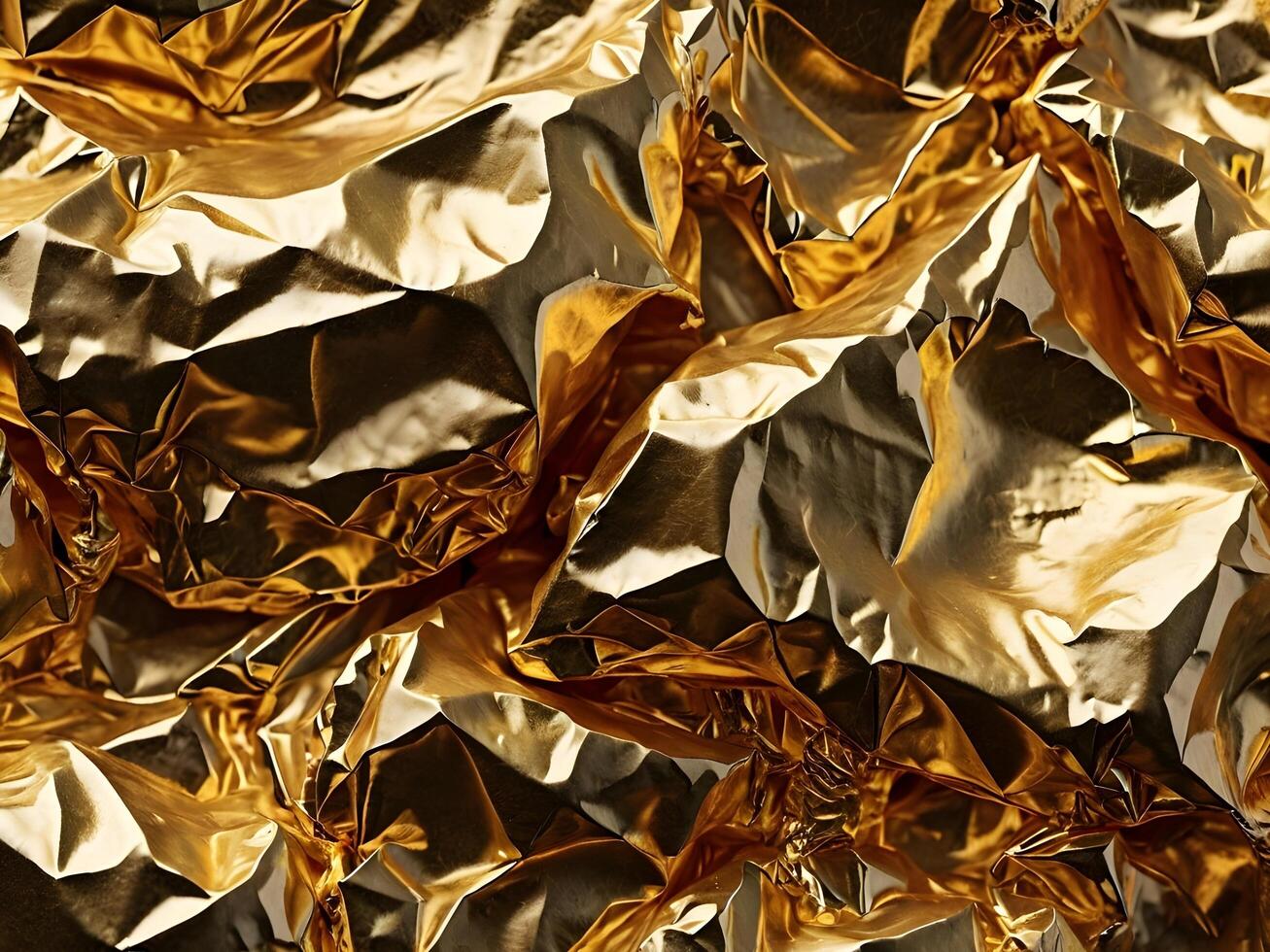 A detailed macro of wrinkled gold foil with rich, shimmering reflections. photo