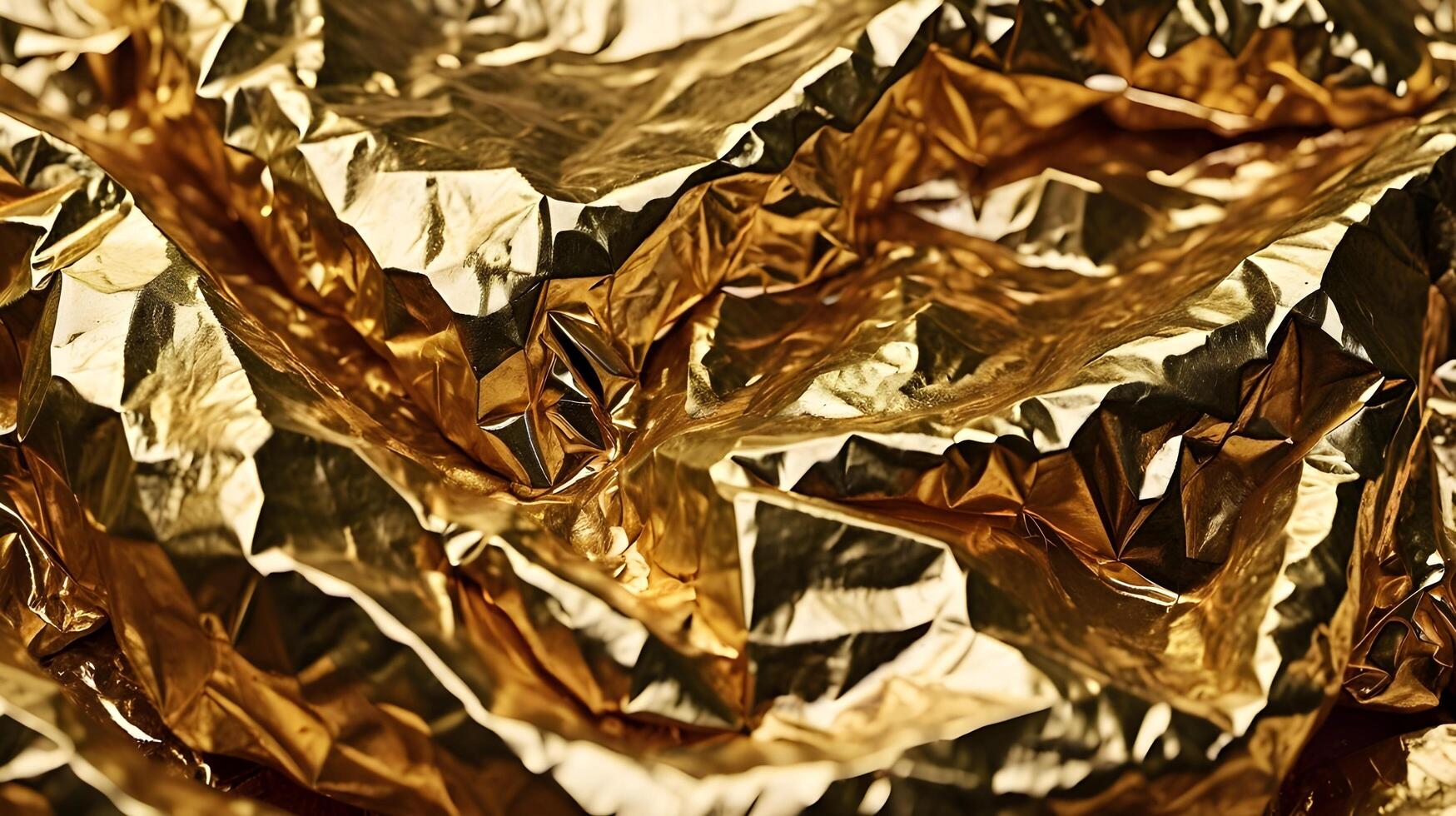 A macro shot of crumpled golden foil reflecting rich, radiant light. photo