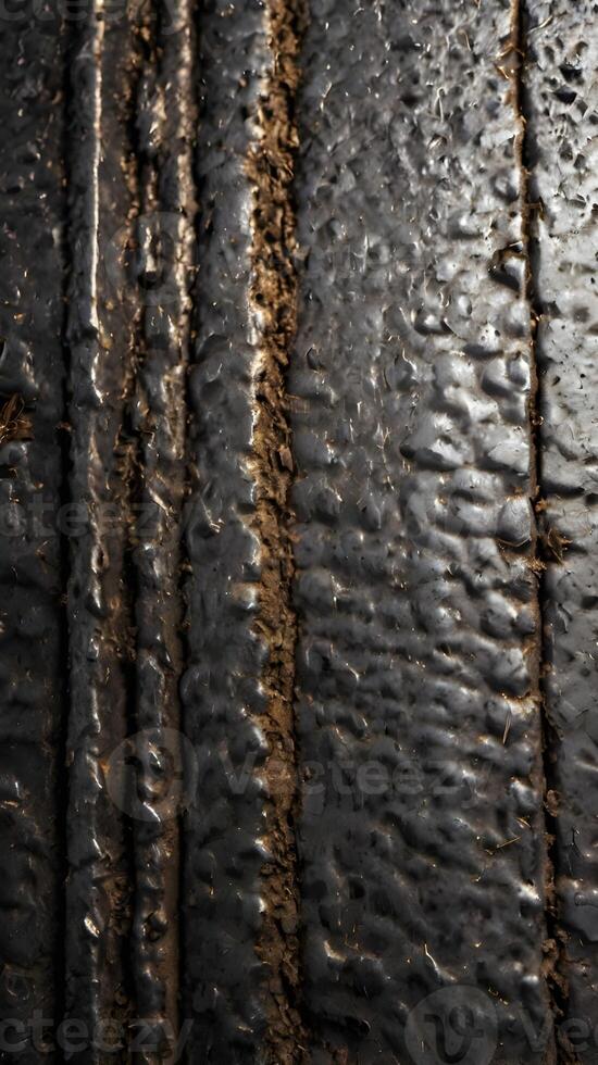 A macro photograph of rugged metal with visible marks and stains. photo