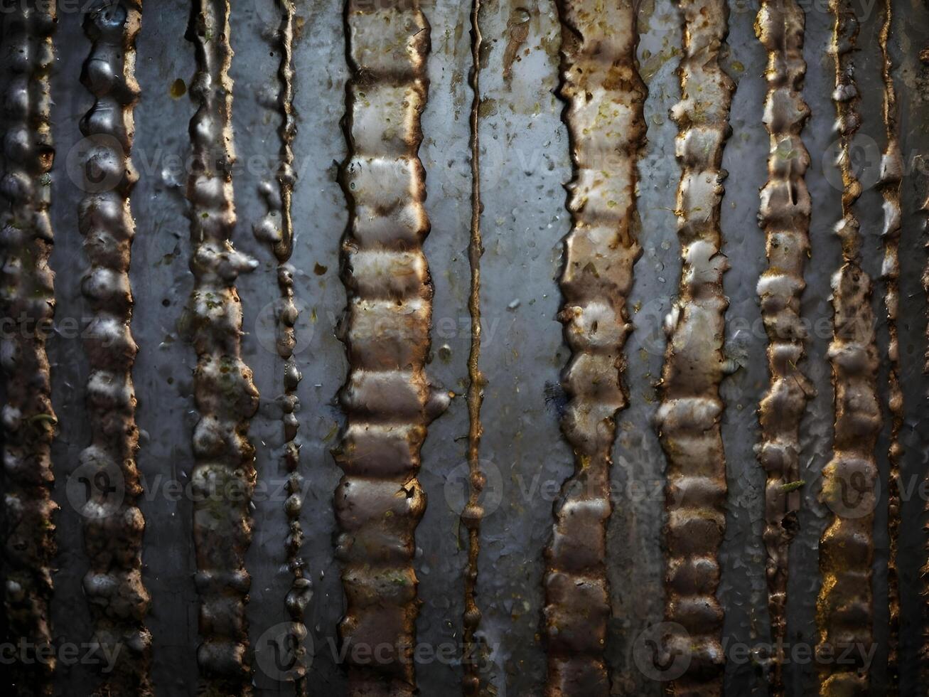 A detailed close-up of industrial metal covered in scratches and grime. photo
