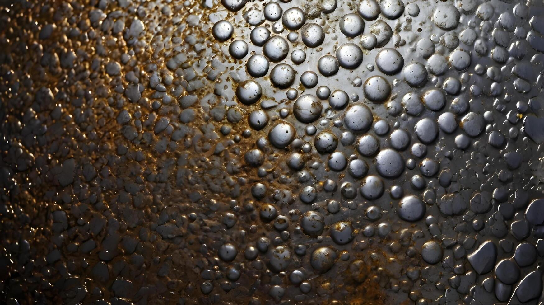 A macro shot of rough welding beads scattered across a steel surface. photo