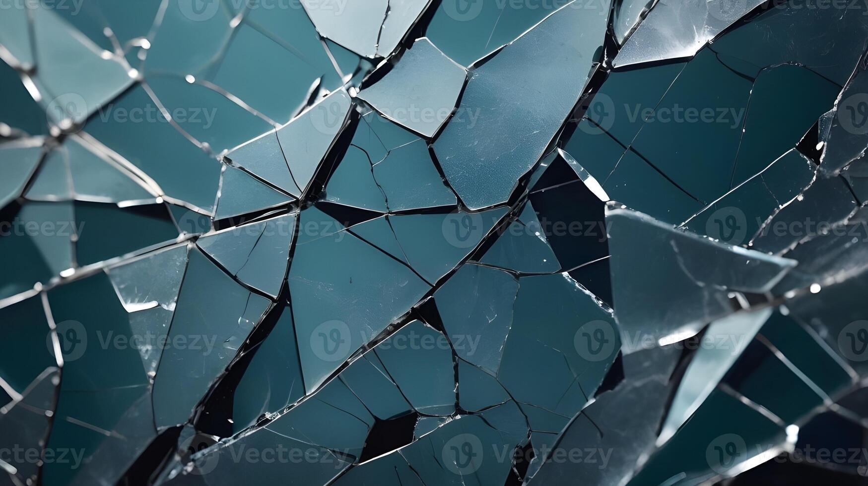 A detailed macro of broken glass with sharp, branching fissures. photo