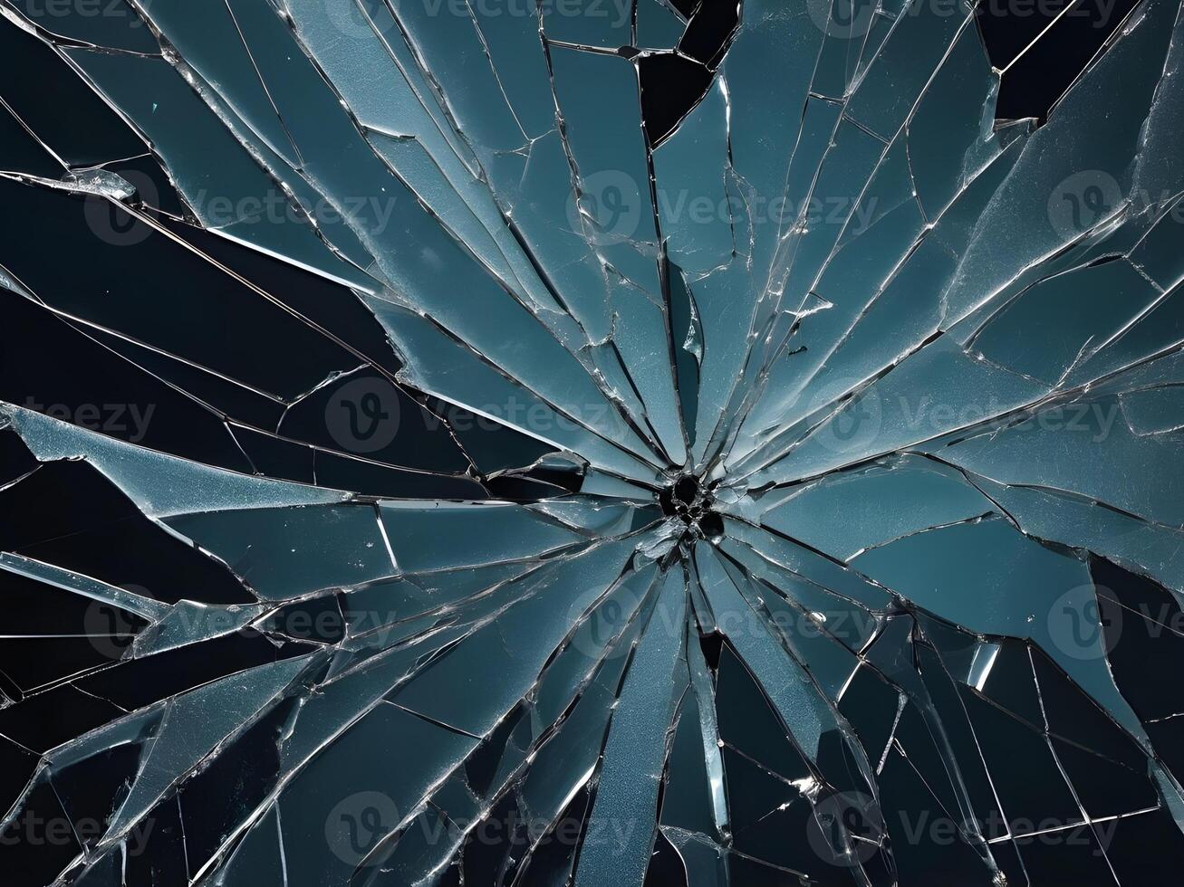 A close view of broken glass showing dramatic, intricate linework. photo