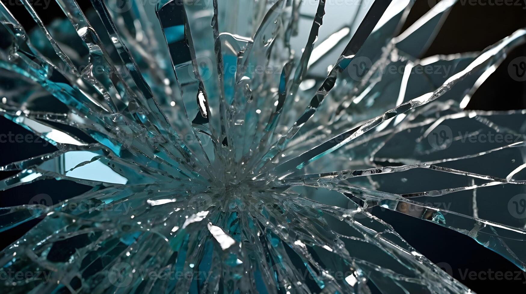 A close-up shot highlighting the complex cracks in shattered glass. photo