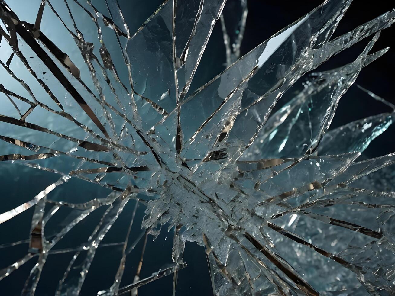 A detailed close-up of fractured glass with complex, jagged cracks. photo