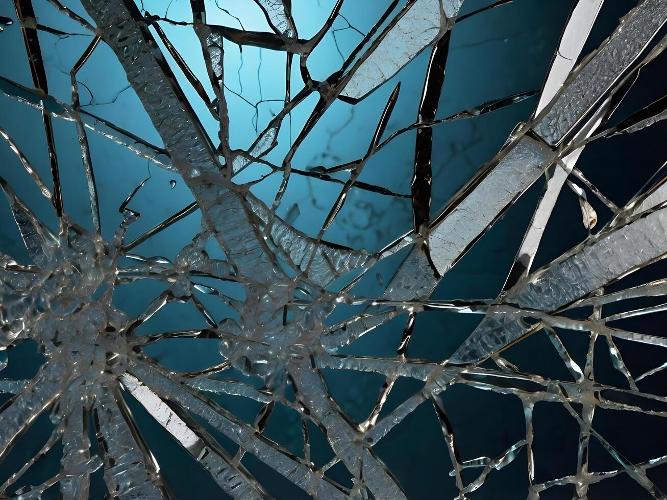 A macro shot of shattered glass showing intricate, branching lines. photo