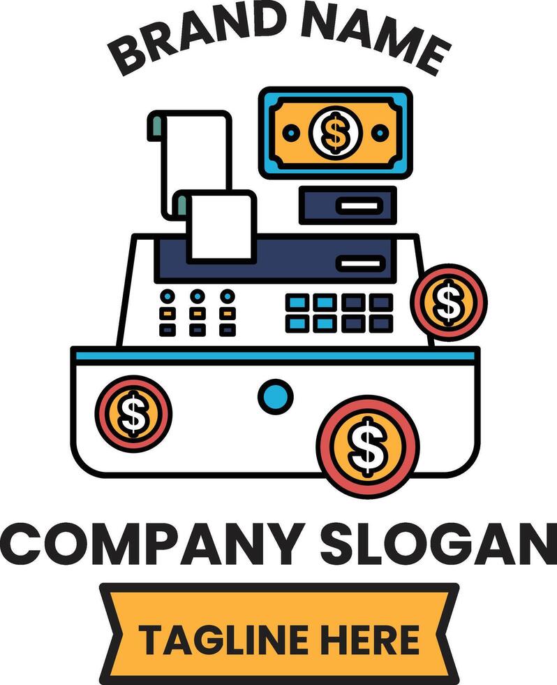 A white and blue sign with a company logo and the words brand name vector