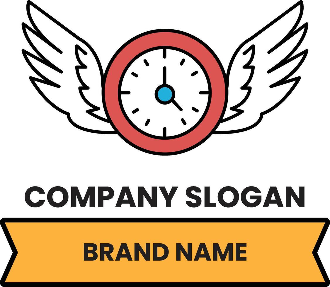 A clock with wings and the words company slogan brand name vector