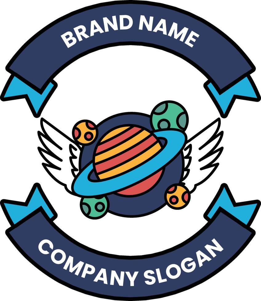 A blue and white logo with a planet and stars vector