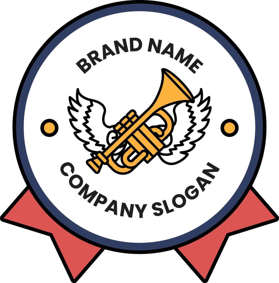 A round badge with a trumpet and wings on it vector