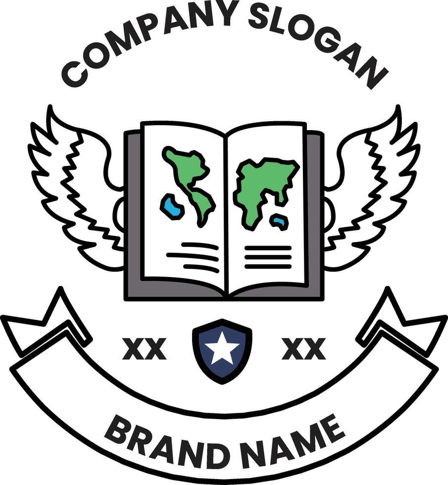A logo for a company that is a book with wings and a globe vector