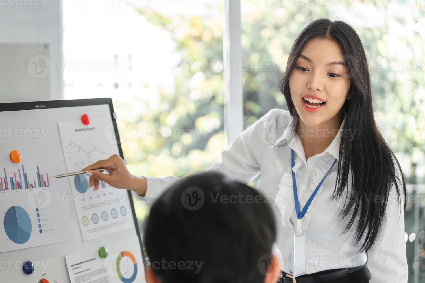 Professional explaining financial metrics and trends to a colleague photo