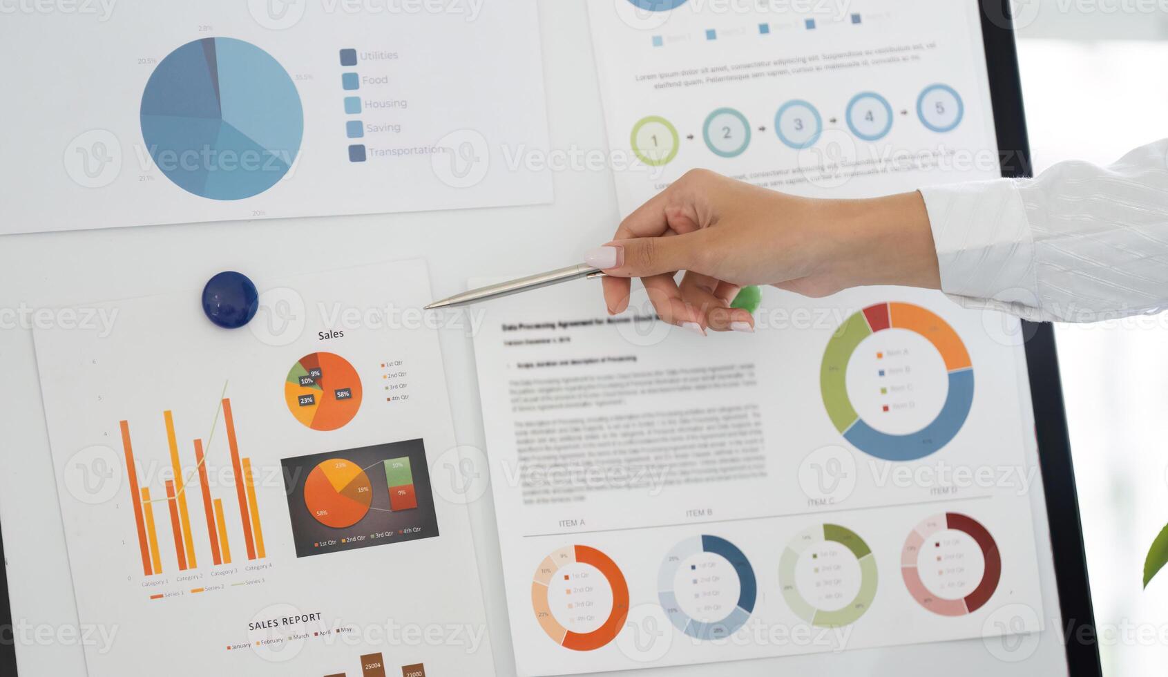 Detailed view of financial charts and data analysis in a meeting photo