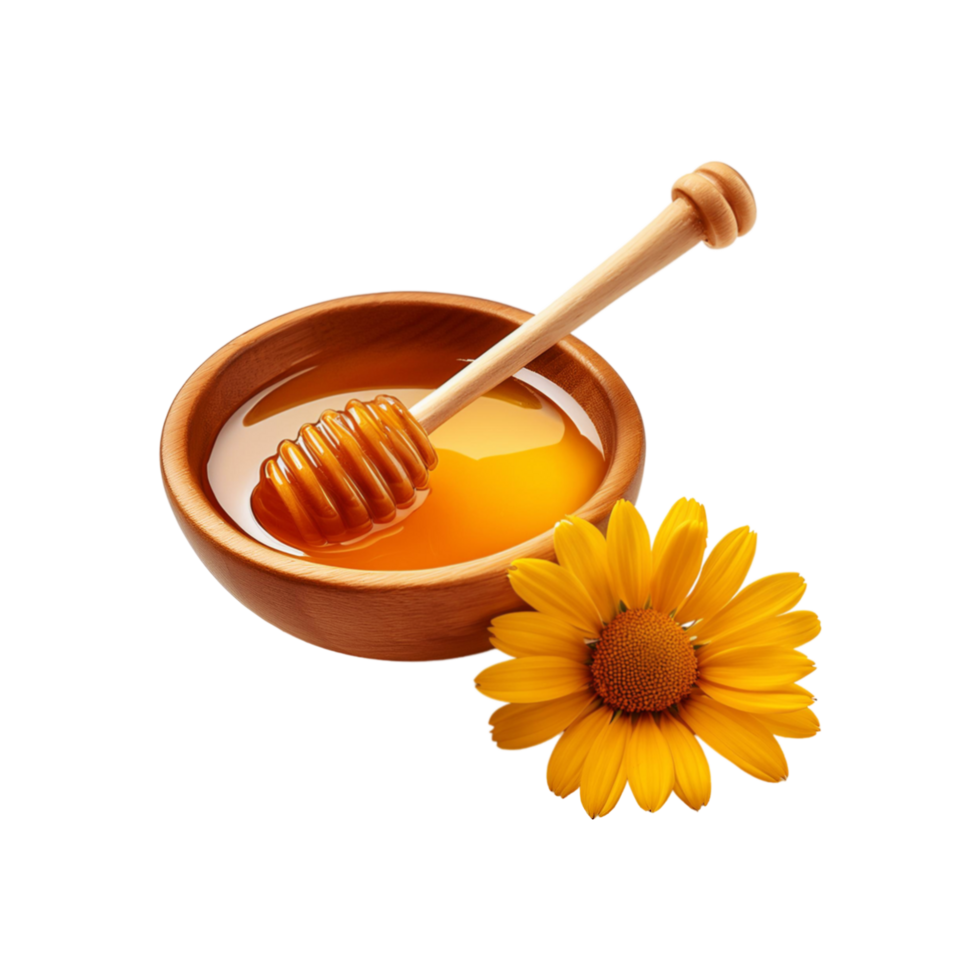 Bowl of honey with honeycomb and flower on transparent background png