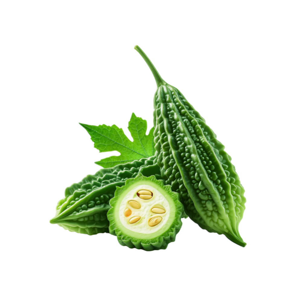 Bitter gourd vegetable with green leaf on transparent background png