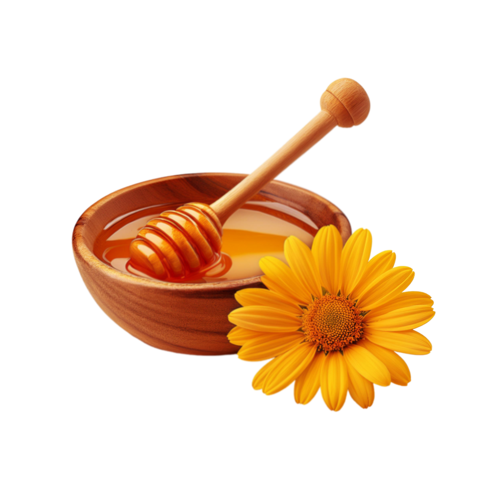 Wooden bowl of honey with honeycomb and flower on transparent background png