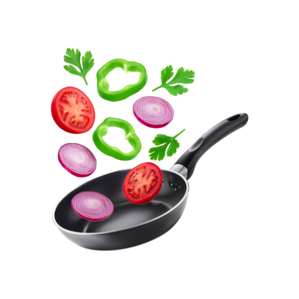Fry pan with fresh vegetable slices on transparent background png