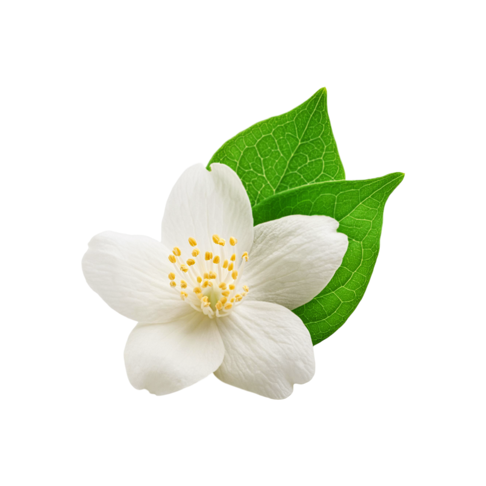 White jasmine flower with two green leaf on transparent background png