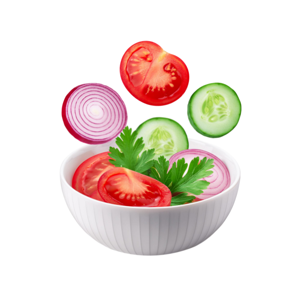 Fresh vegetable salad white ceramic bowl on transparent background png