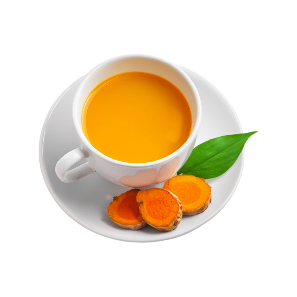 Cup of turmeric tea with slices on transparent background png