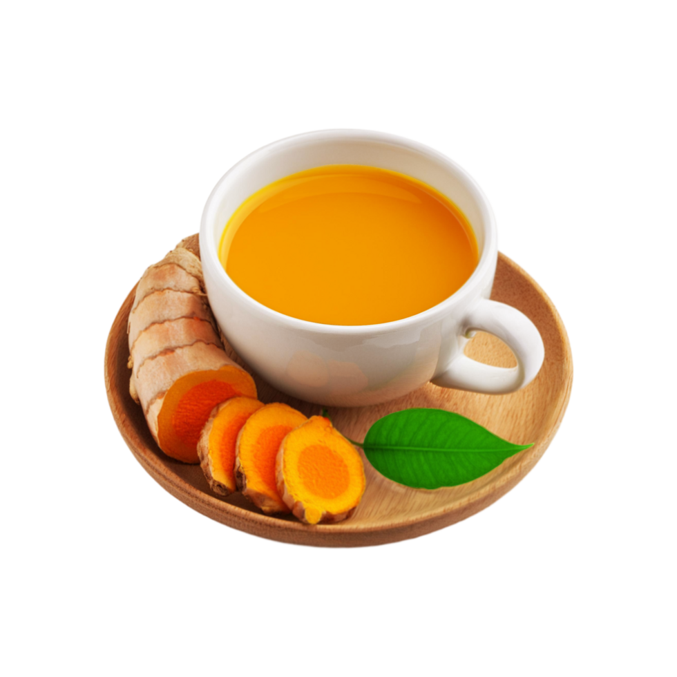 White cup of turmeric tea with slices on transparent background png