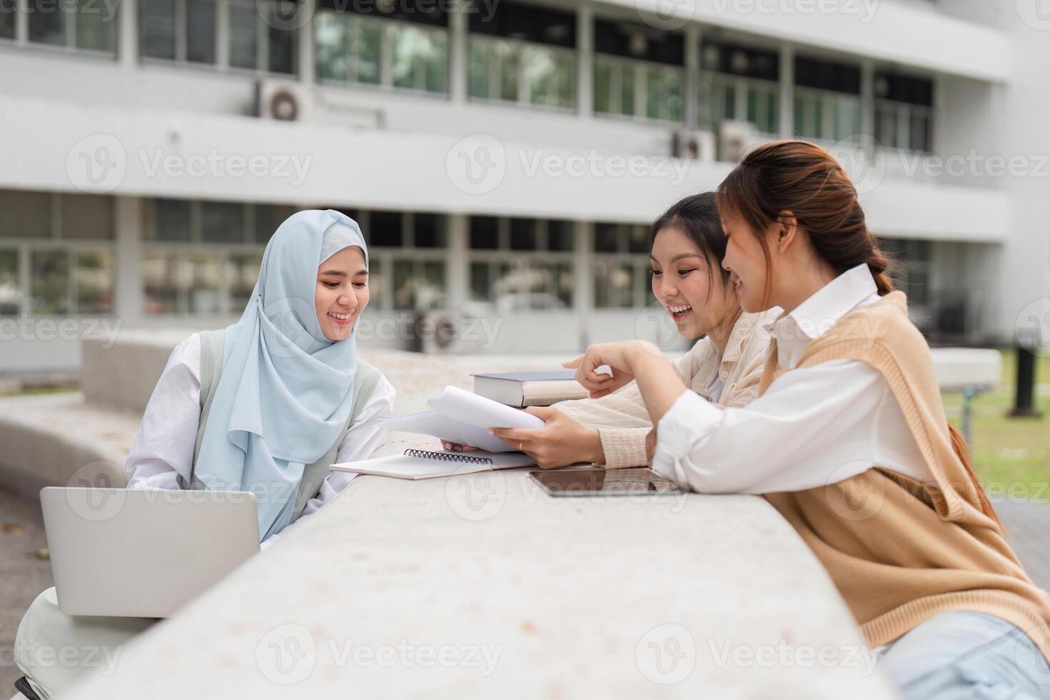 Diverse university students studying together, sharing notes and ideas outdoors. photo