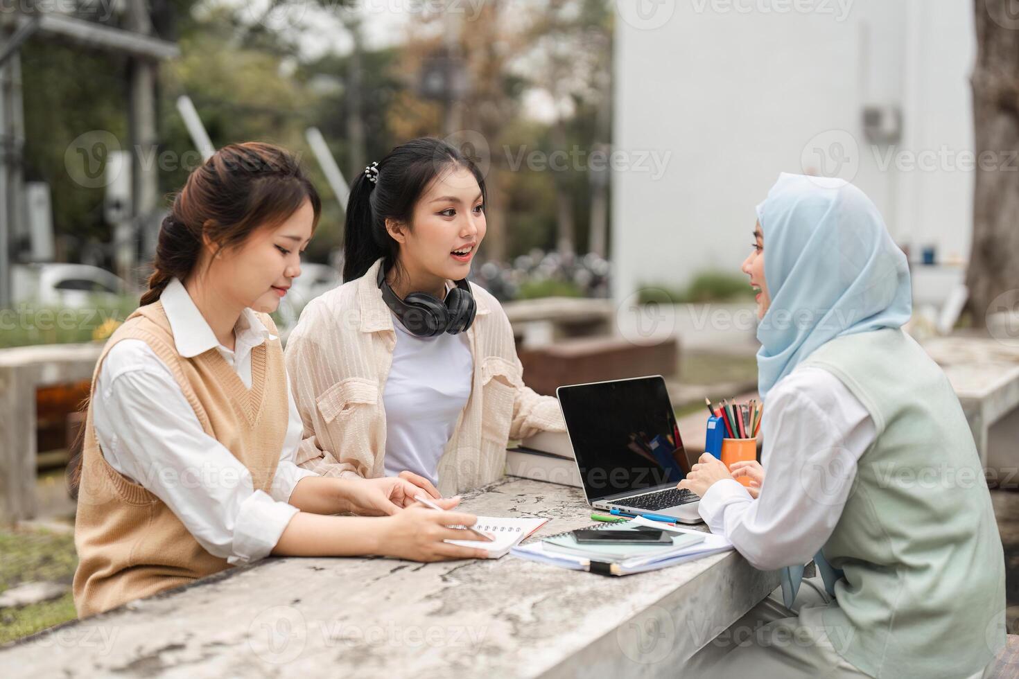 Multicultural women engaged in lively discussion with laptop and notebooks outdoors. photo