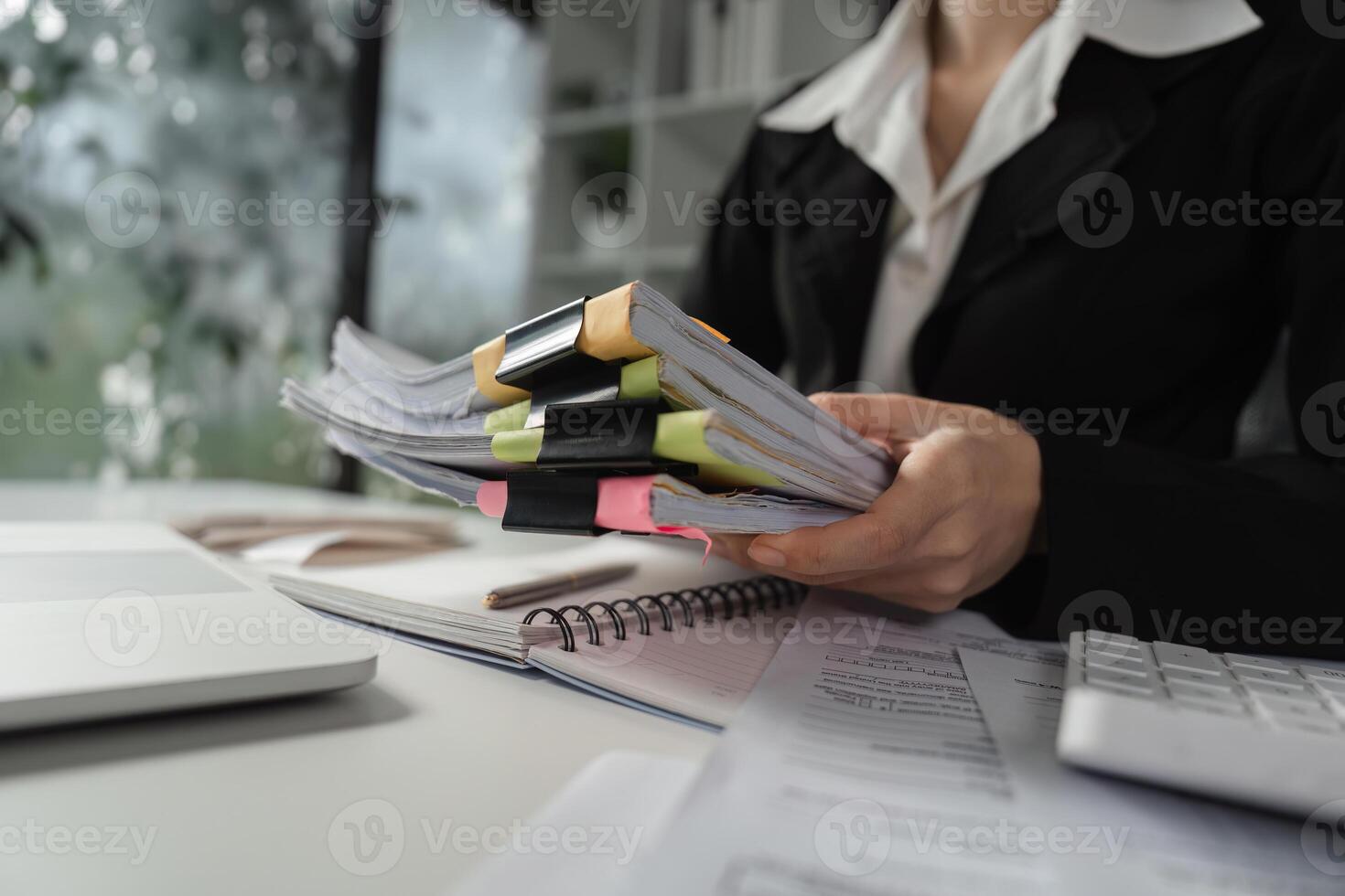 Businesswoman holding organized financial documents in office photo