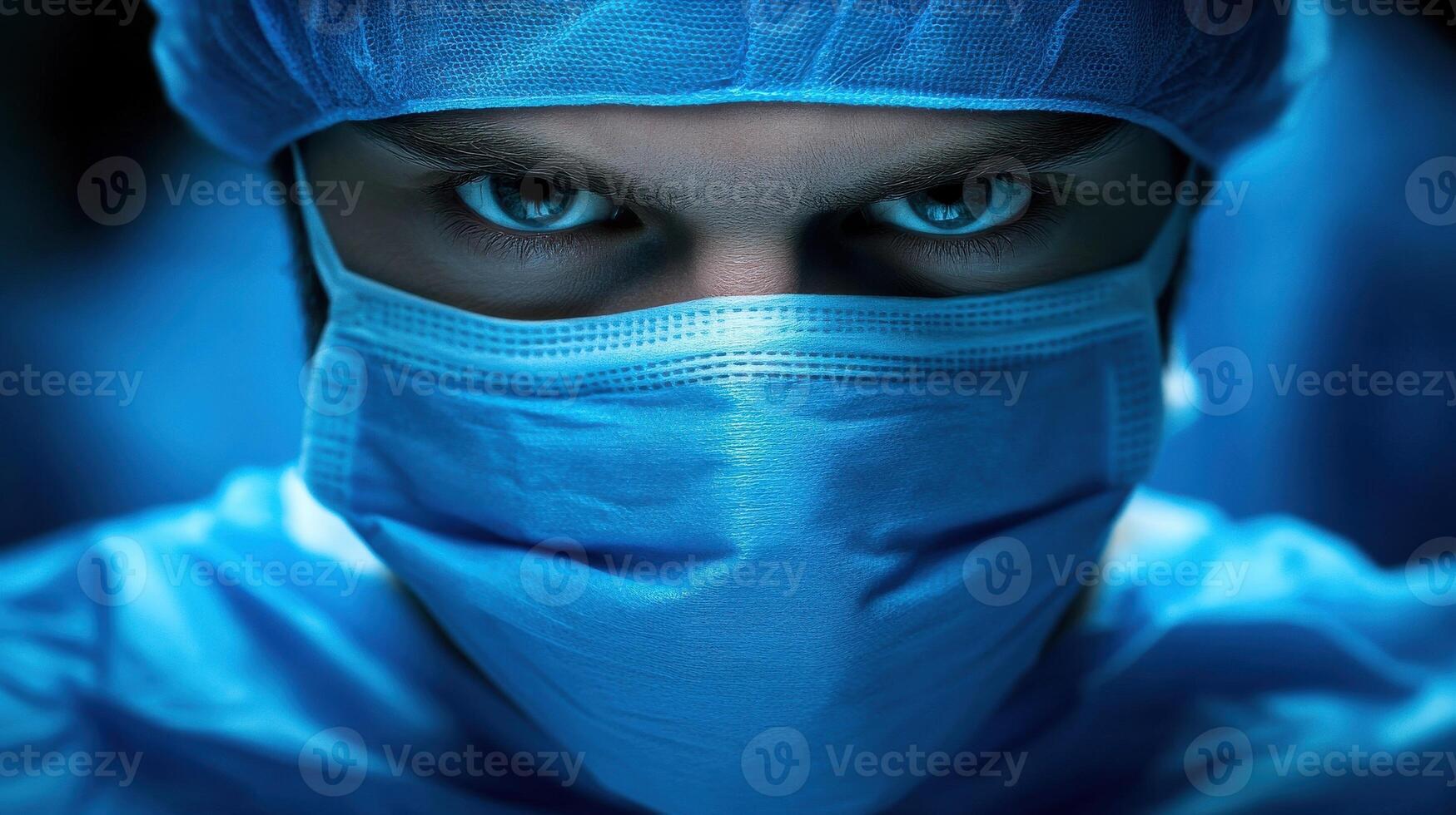 Intense gaze of surgeon in surgical mask and scrubs under dramatic lighting photo