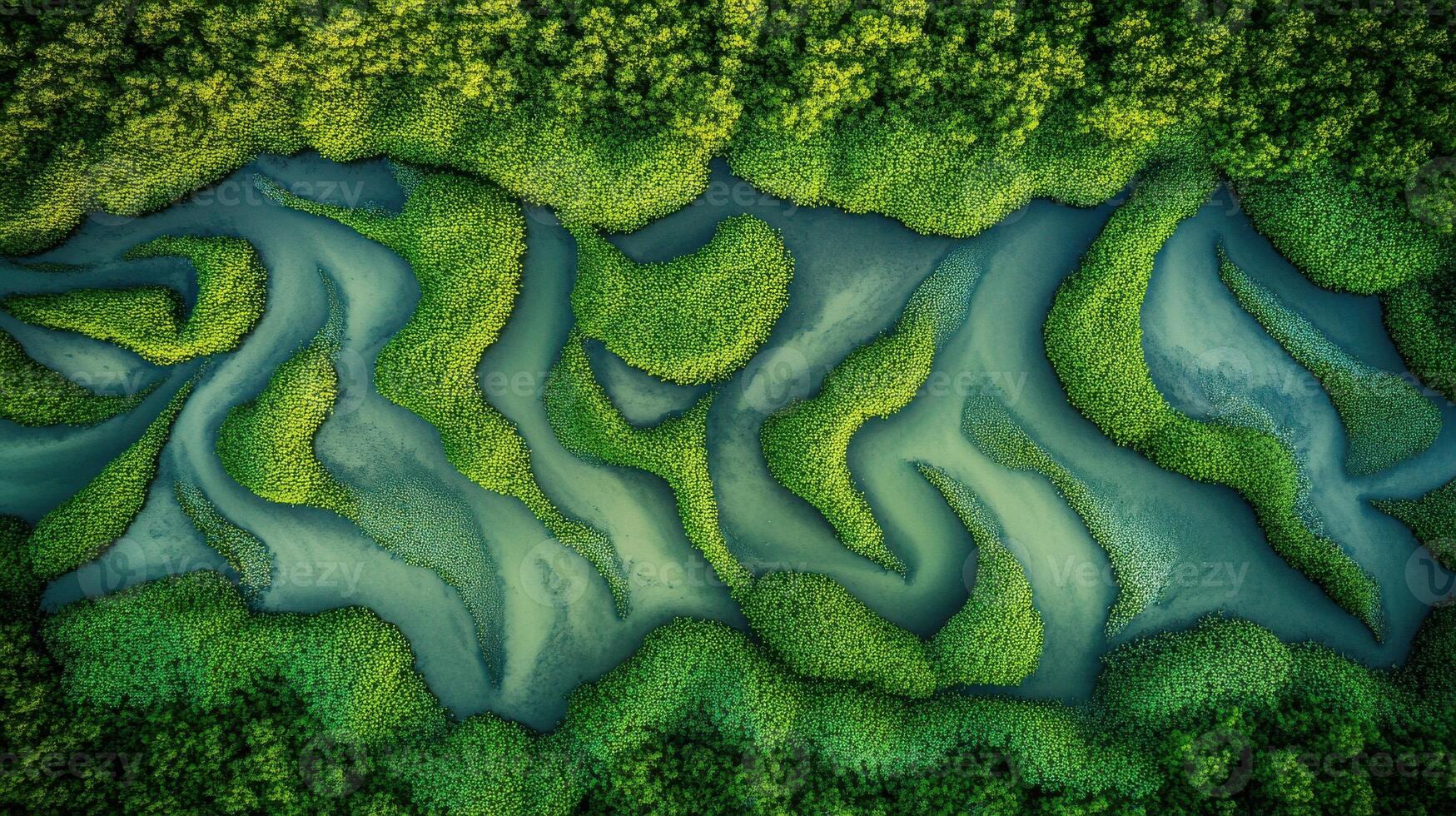 Aerial view of lush green mangrove forest with winding water channels photo