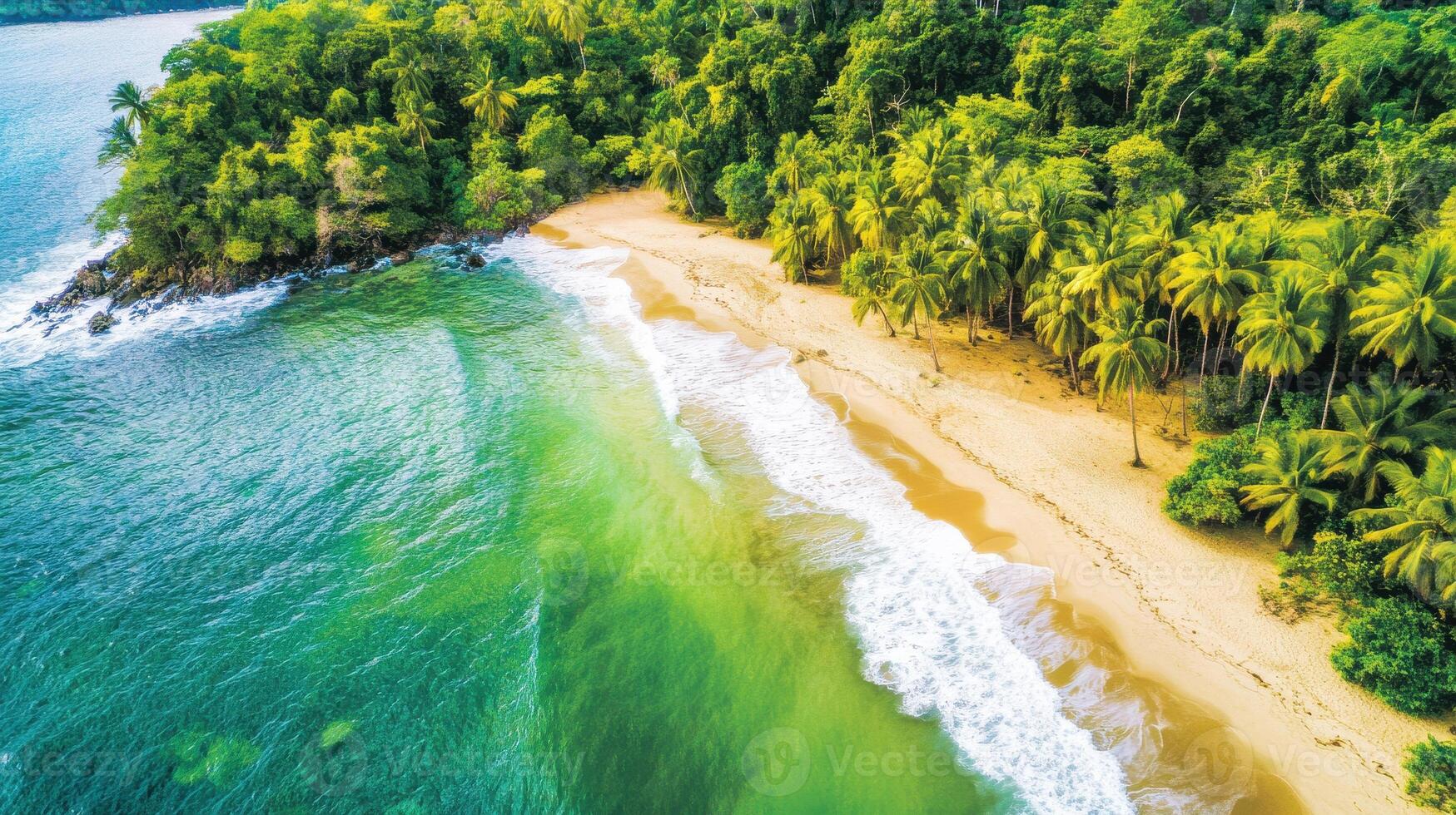 Tropical beach with lush greenery and palm trees along the shoreline photo