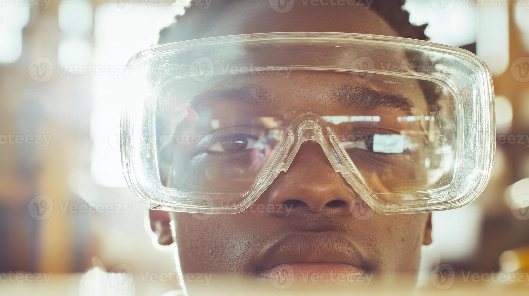 Close-up of young person wearing protective goggles in workshop setting photo
