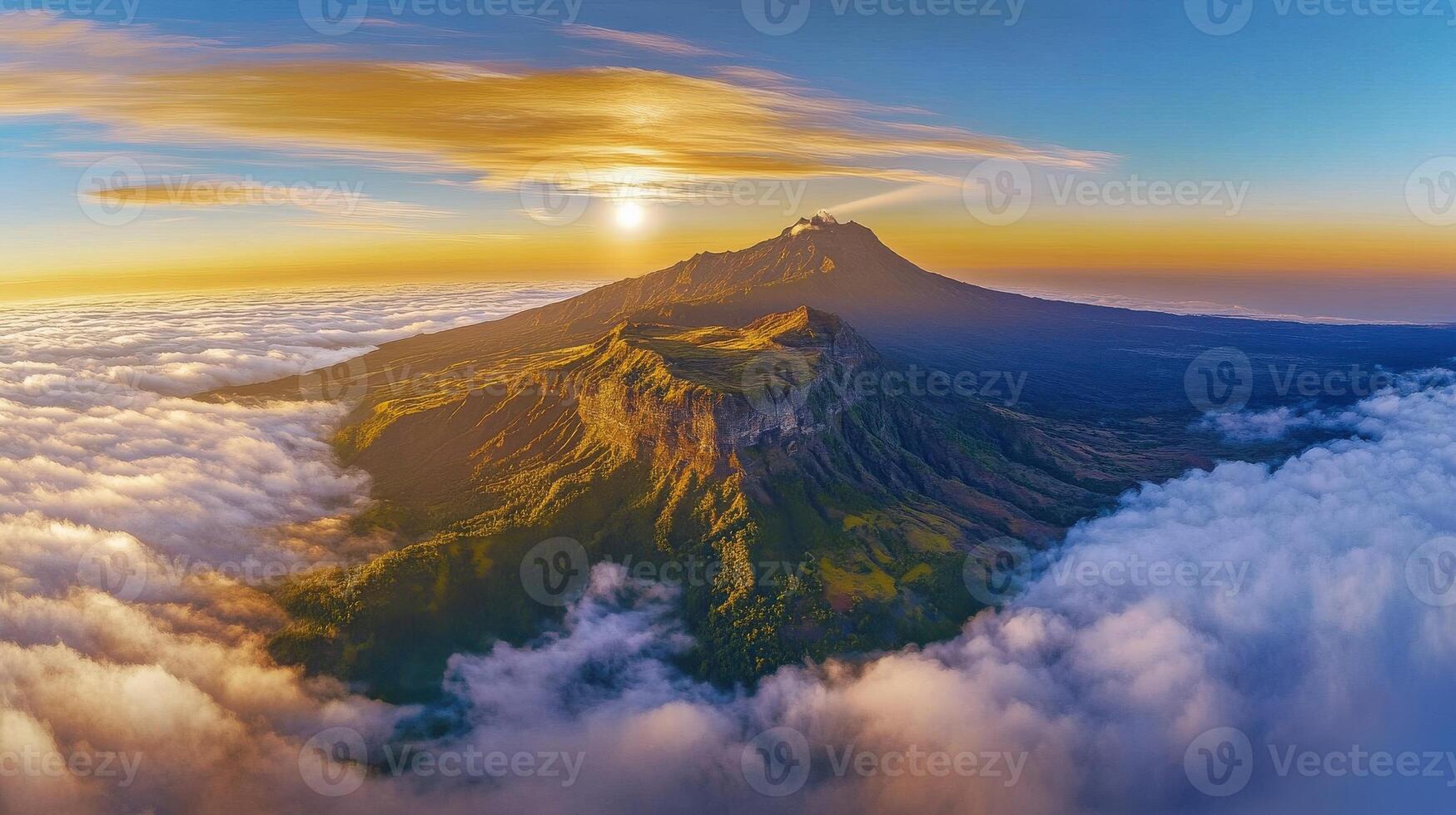 Aerial view of mountain peak surrounded by clouds at sunrise capturing serenity photo