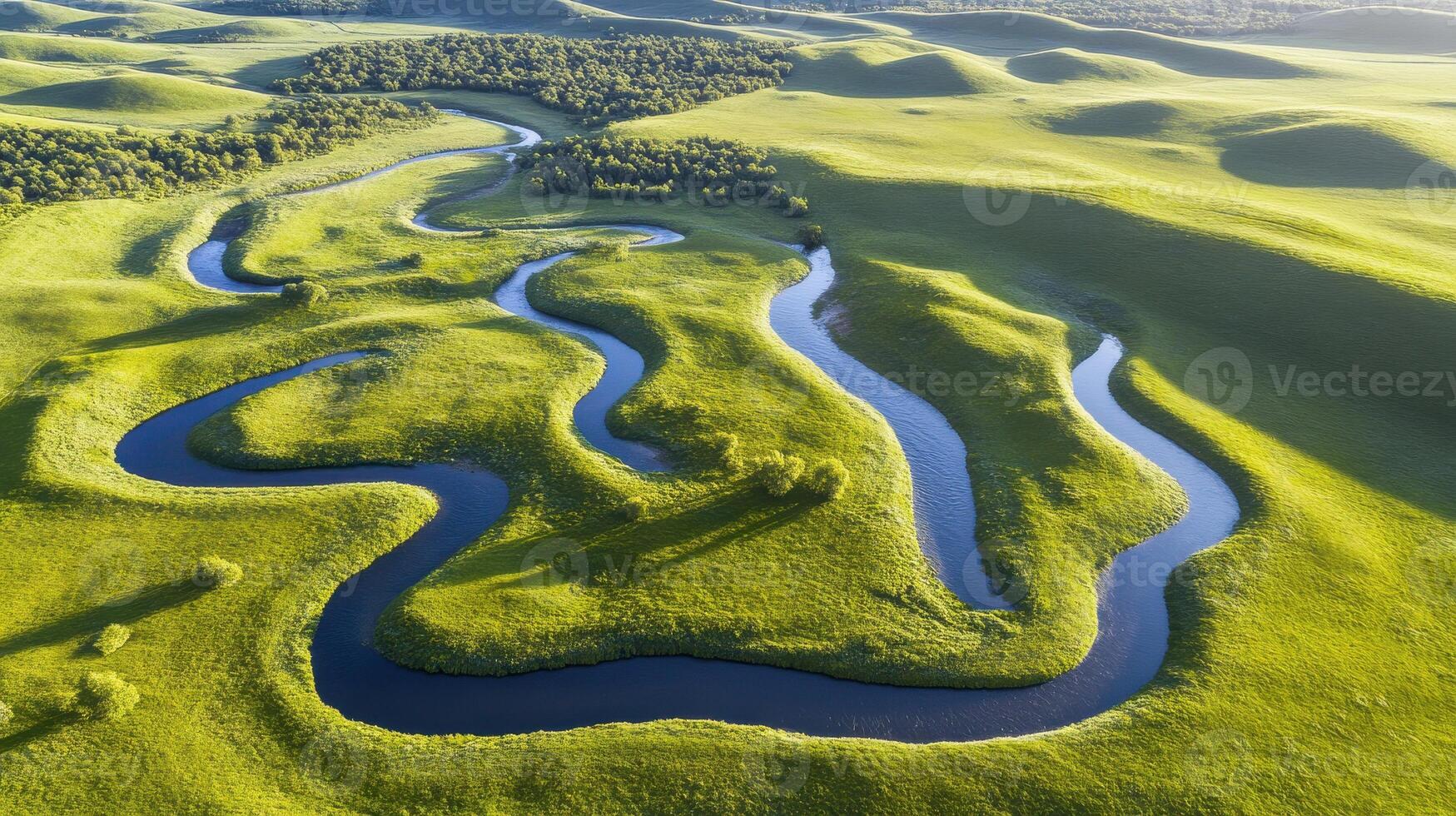 Aerial view of serpentine river flowing through lush green landscape photo