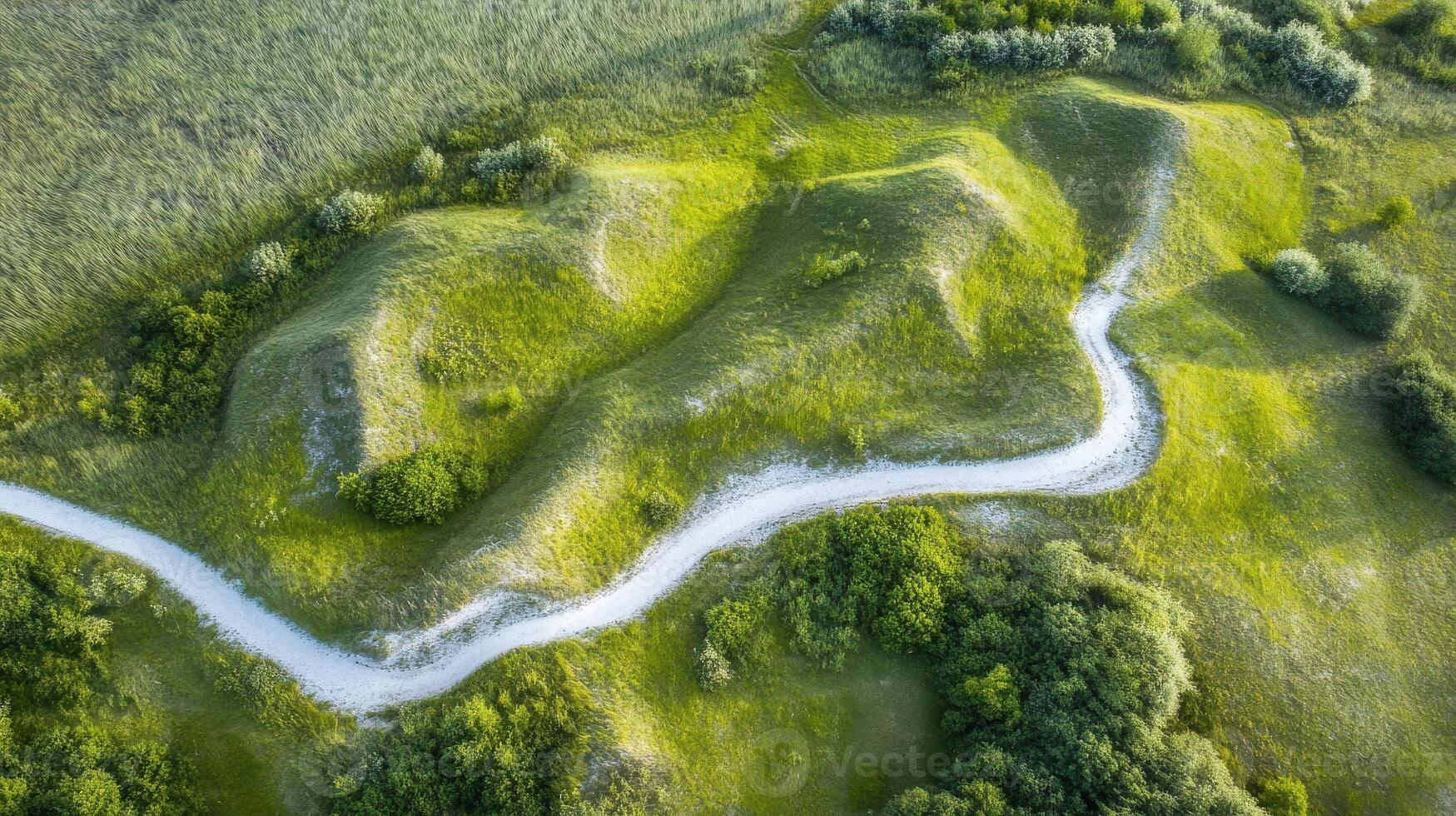 Aerial view of serpentine path on lush green hills with vegetation photo