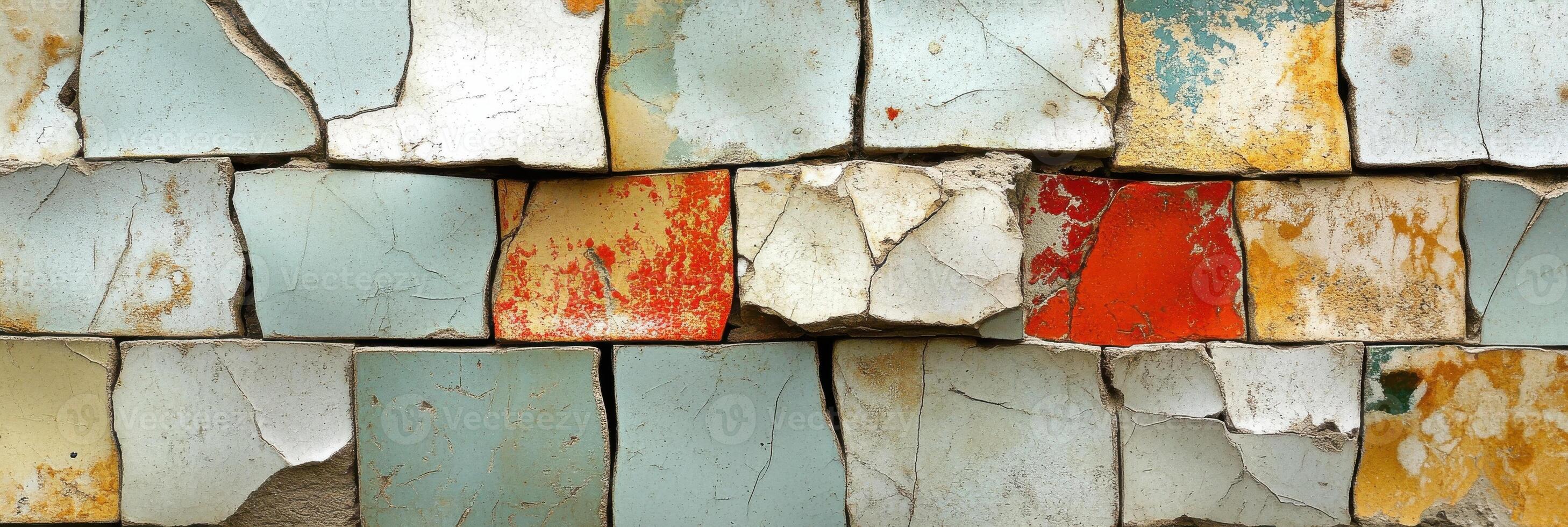 Weathered urban wall with cracked paint and colorful patterns photo