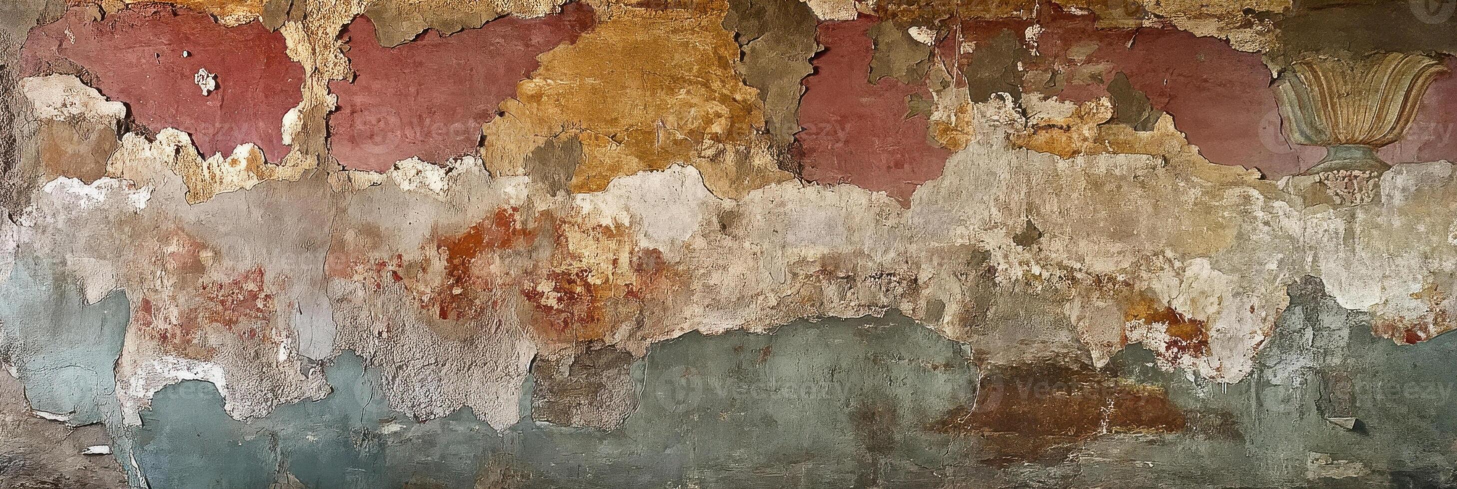 Aged weathered wall with peeling paint and mixed colors in rustic texture photo