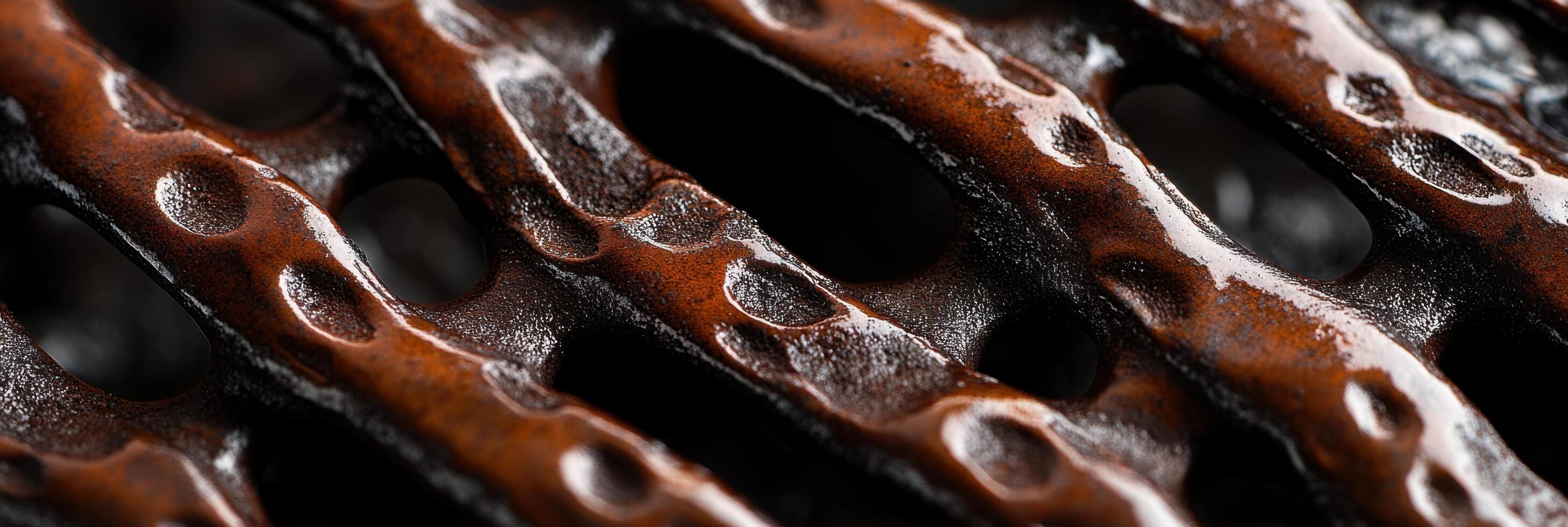 Close-up texture of caramelized waffle surface with rich brown glaze patterns photo