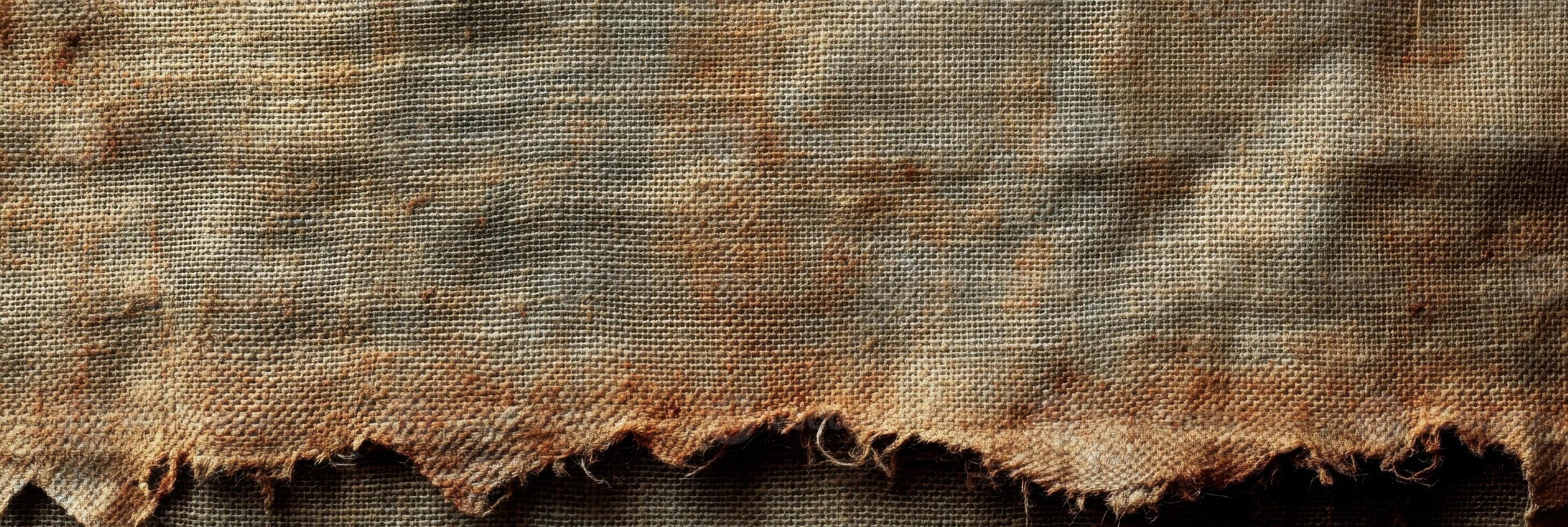 Torn and weathered burlap fabric with frayed edges and rustic texture photo