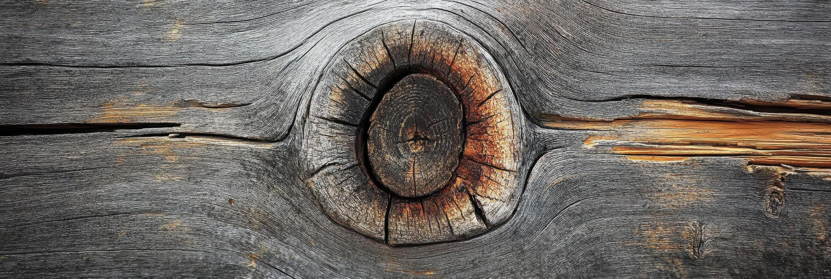 Close-up view of weathered wooden texture with prominent knotted grain pattern photo