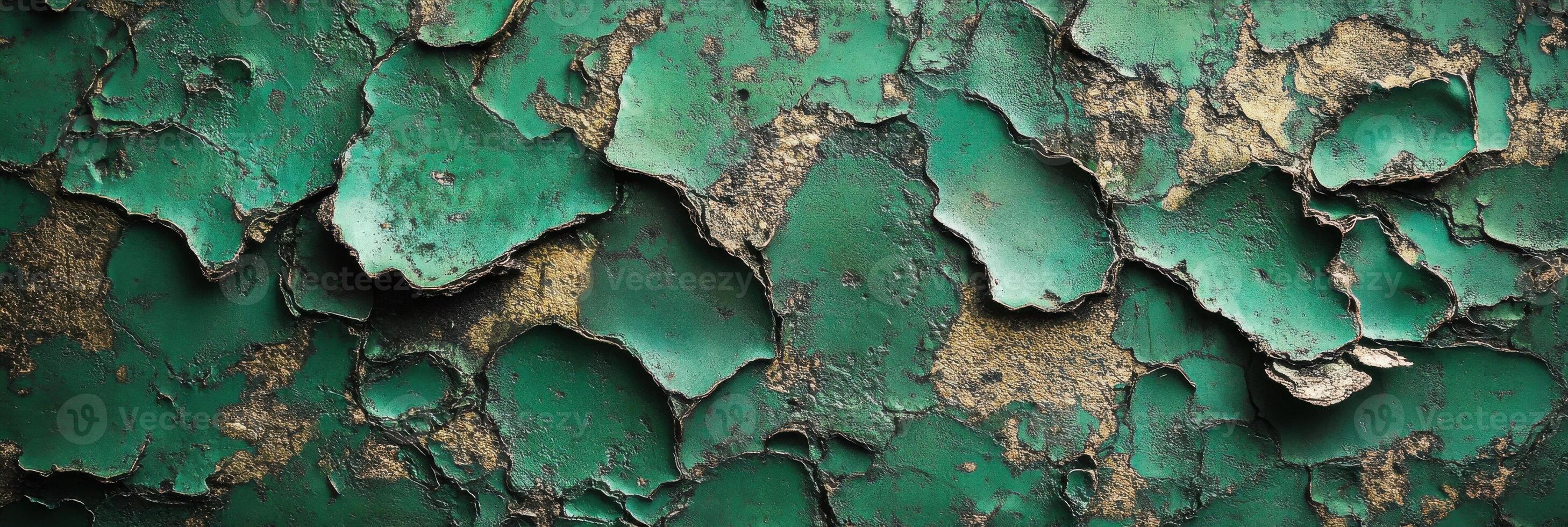 Weathered green paint on rusty metal surface depicts aging and texture concept photo