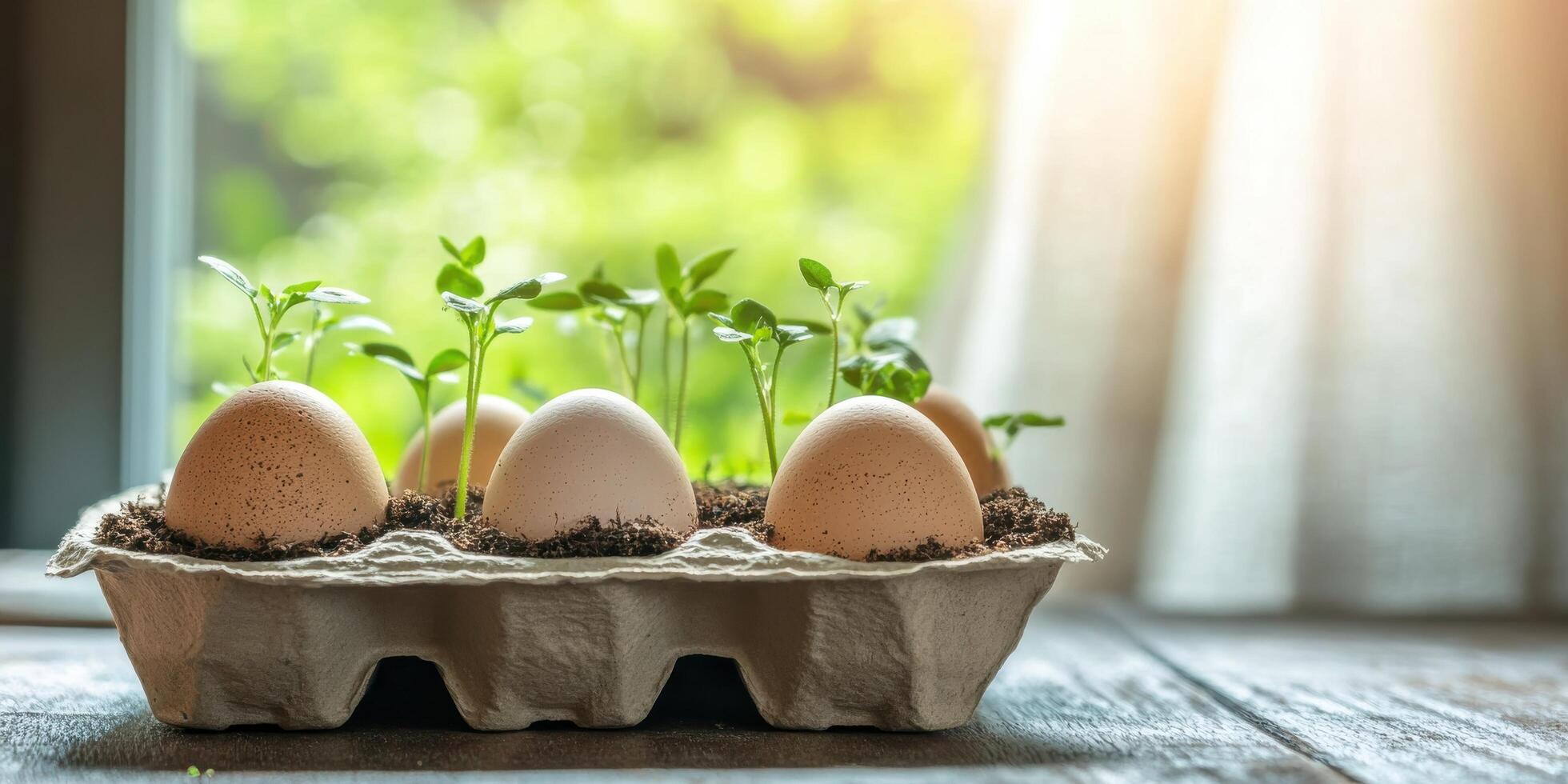 Growing seedlings in eggshell planters on a sunny windowsill concept of home gardening photo