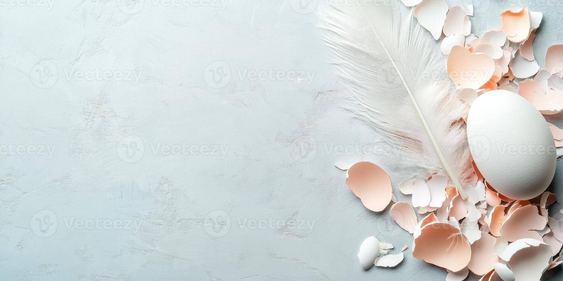 Fragile white egg with delicate shells and feather on textured surface photo