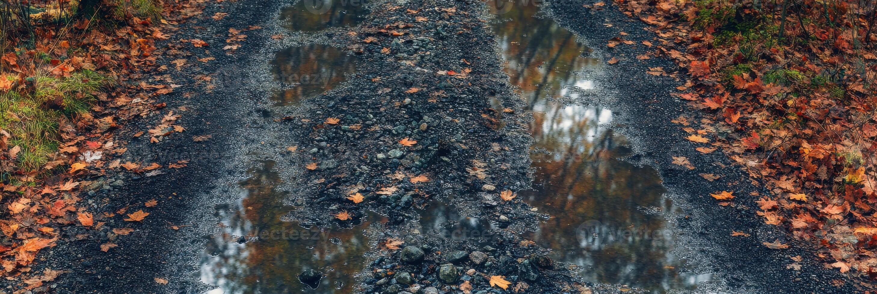 Autumn forest road with fallen leaves and puddles on a rainy day pathway photo