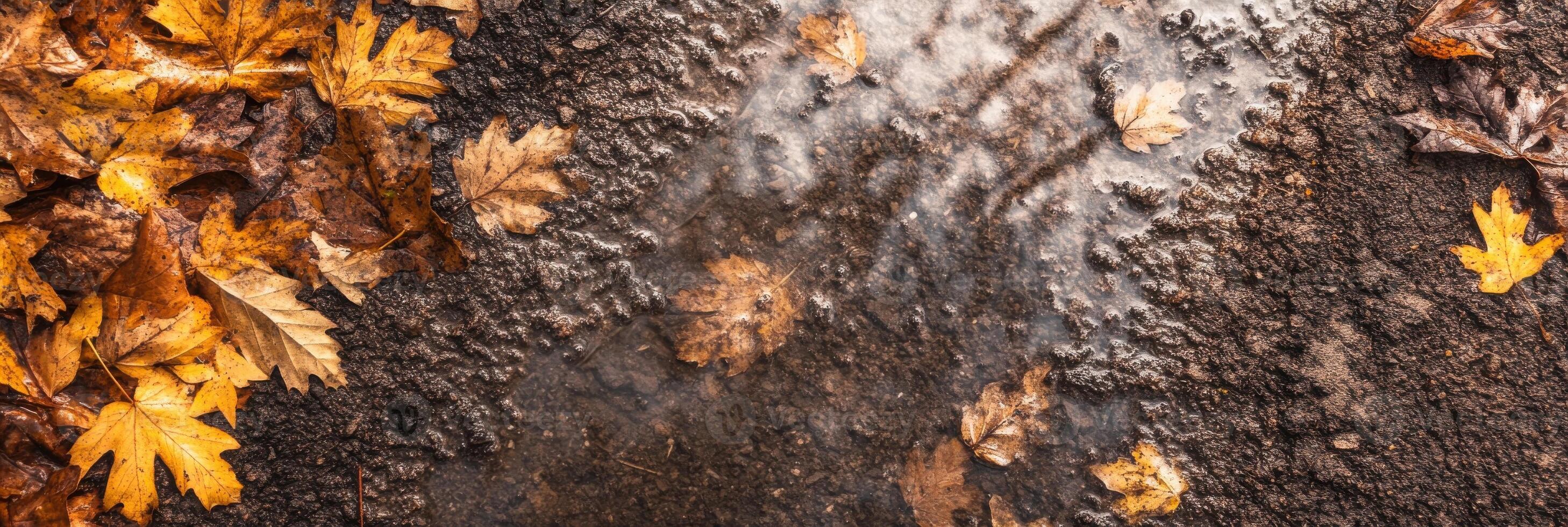 Autumn leaves on wet mud creating a natural seasonal texture in nature photo
